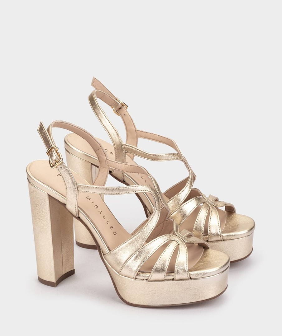 Shoe Pedro Miralles Heeled Sandals | Leather Platform Heeled Sandals Napa Metal Platino