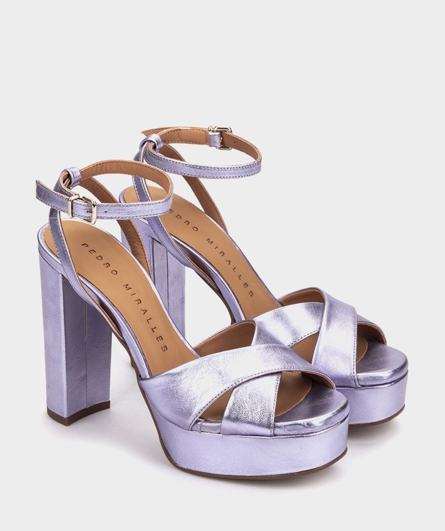 Shoe Pedro Miralles Heeled Sandals | Metallic Leather Platform Heeled Sandals Napa Metal Lila