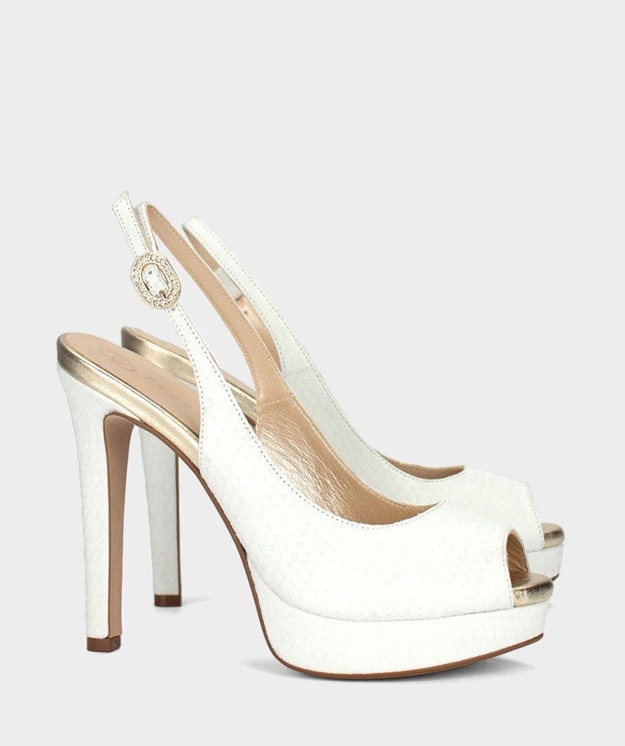 Shoe Pedro Miralles Heeled Sandals | Leather Peeptoes Escama Blanco