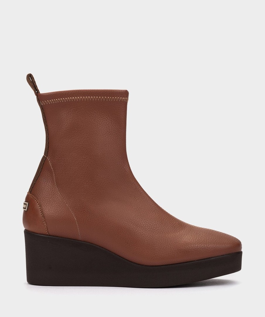 Shoe Pedro Miralles Ankle Boots | Wedge Ankle Boots With Platform In Brown Elastic Vegan Leather Onix Cuero