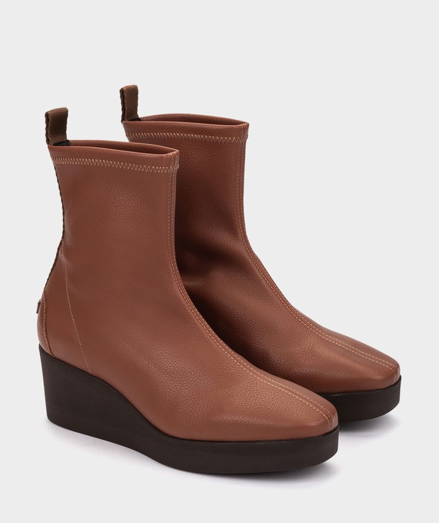 Shoe Pedro Miralles Ankle Boots | Wedge Ankle Boots With Platform In Brown Elastic Vegan Leather Onix Cuero