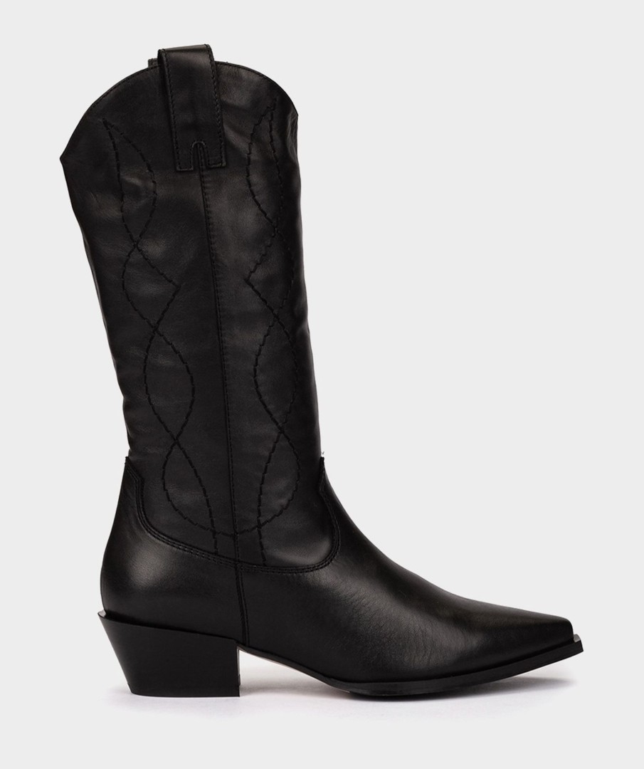 Shoe Pedro Miralles Boots | Black Leather Mid-Calf Boots Seta Negro