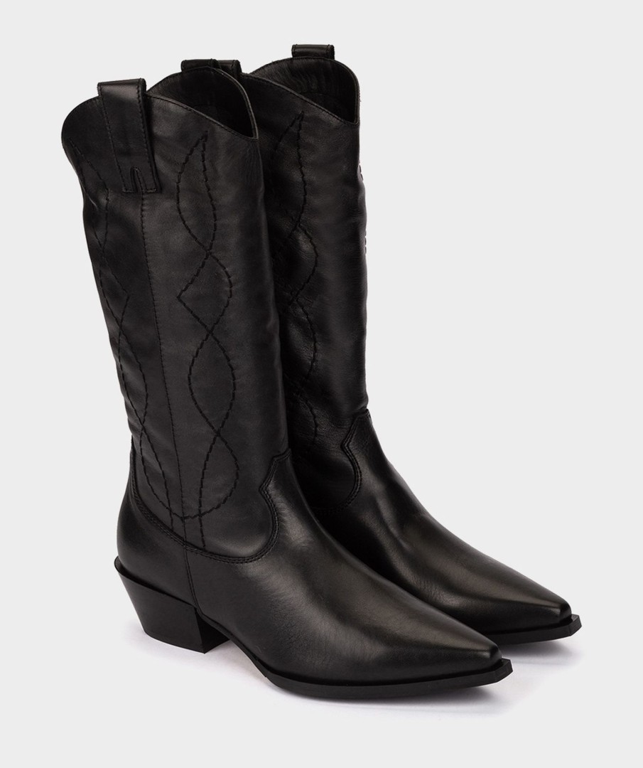 Shoe Pedro Miralles Boots | Black Leather Mid-Calf Boots Seta Negro