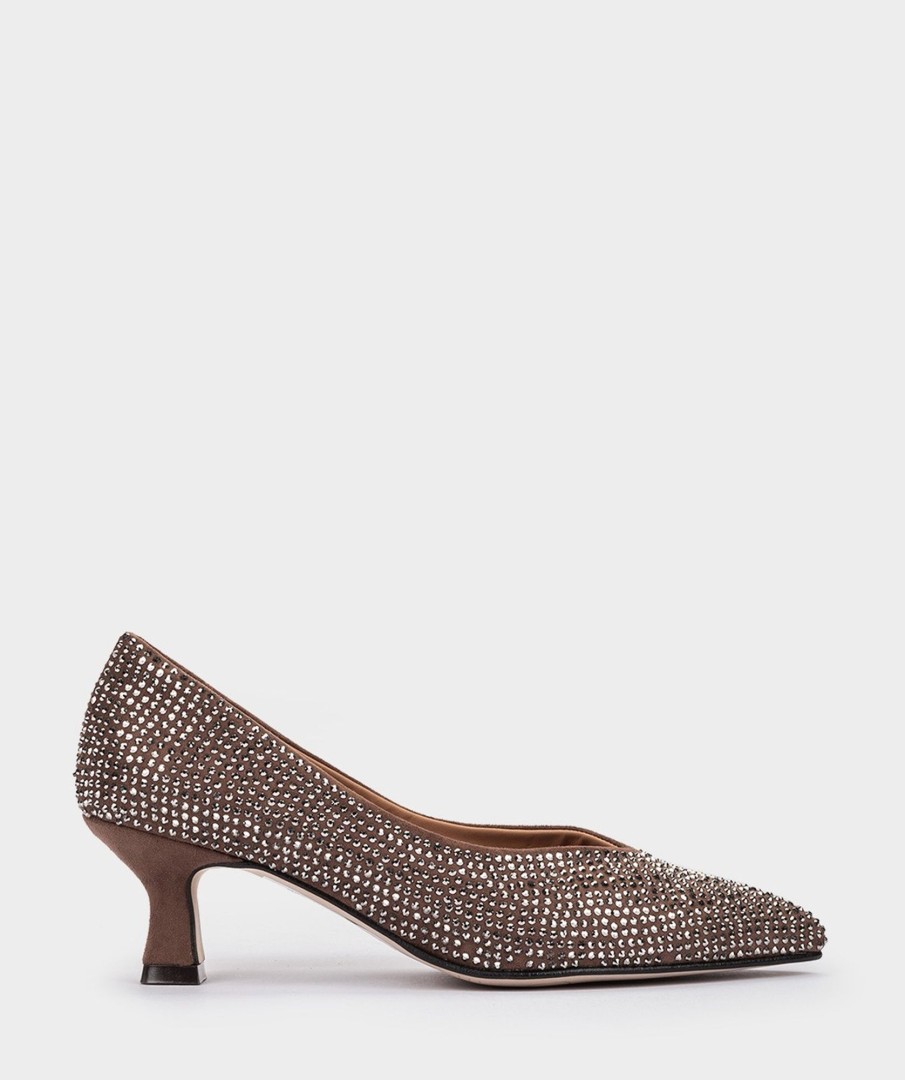 Shoe Pedro Miralles Pumps | Fabric Heeled Shoes With Rhinestones. Ante Strech Taupe