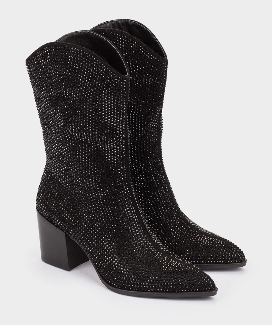 Shoe Pedro Miralles Boots | Id-Cut Fabric Boots With Rhinestones. Ante Strech Negro