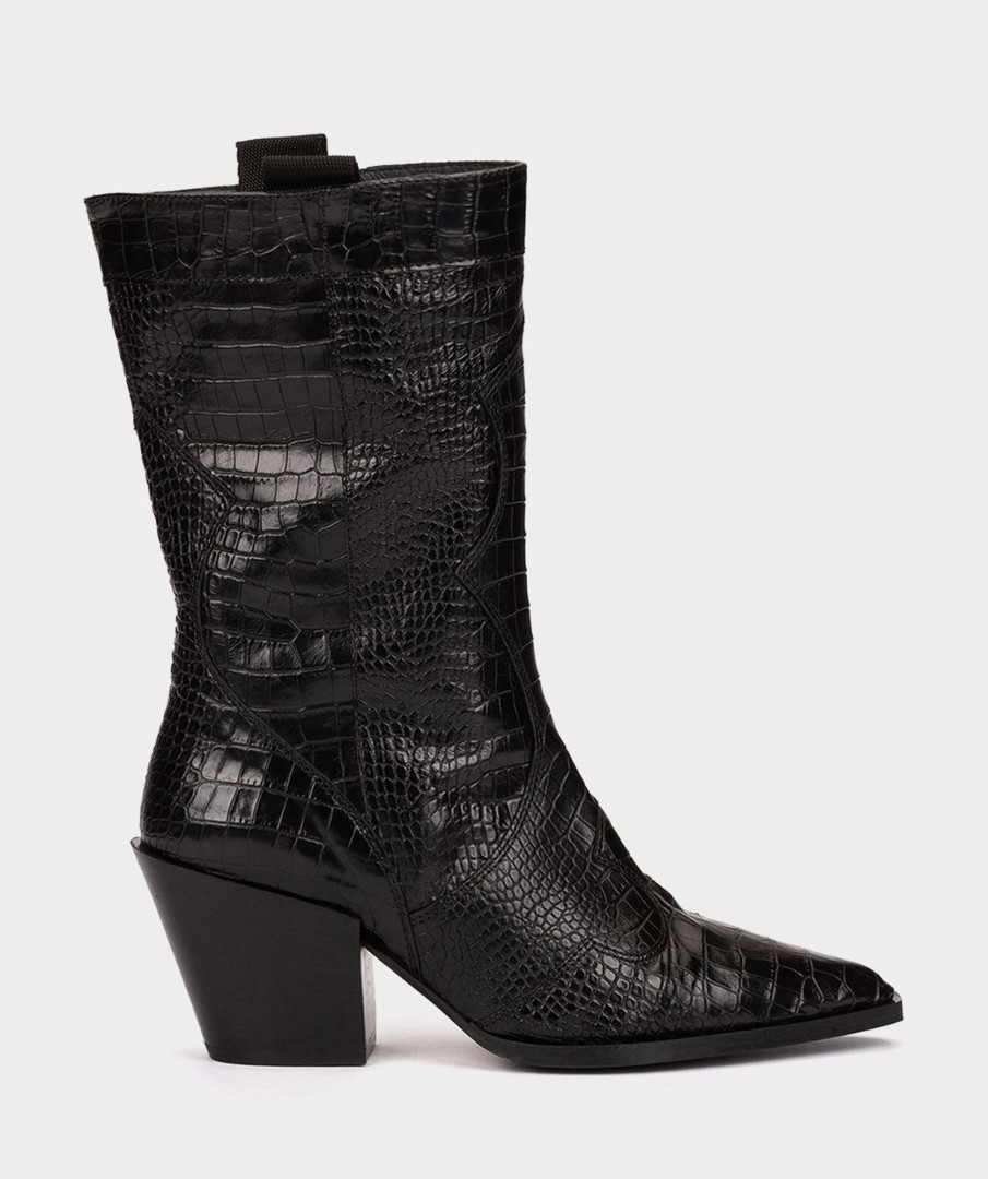 Shoe Pedro Miralles Boots | Black Embossed Leather Mid-Calf Boots Coco Negro