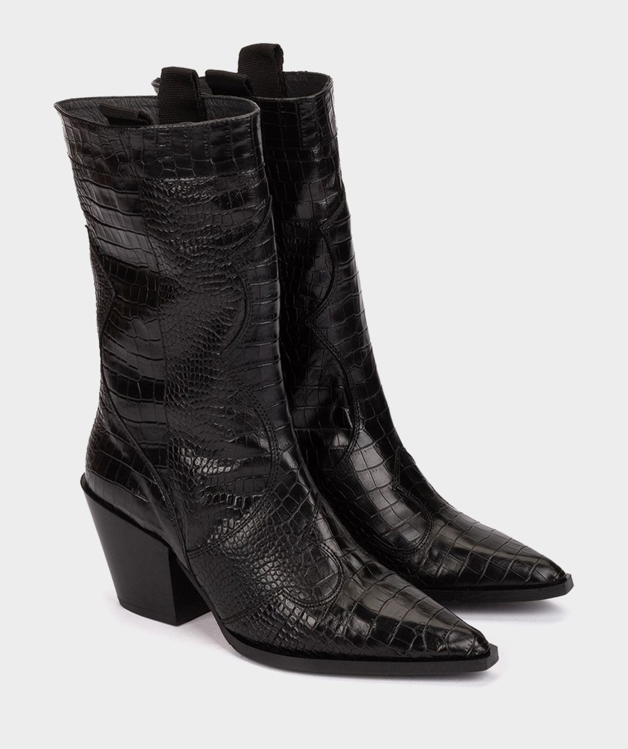 Shoe Pedro Miralles Boots | Black Embossed Leather Mid-Calf Boots Coco Negro