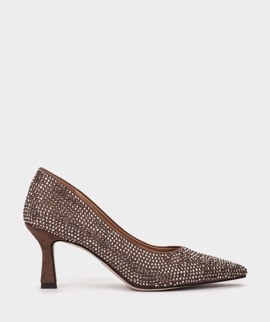 Shoe Pedro Miralles Pumps | Fabric Heeled Shoes With Rhinestones And Fine Toe Ante Strech Taupe