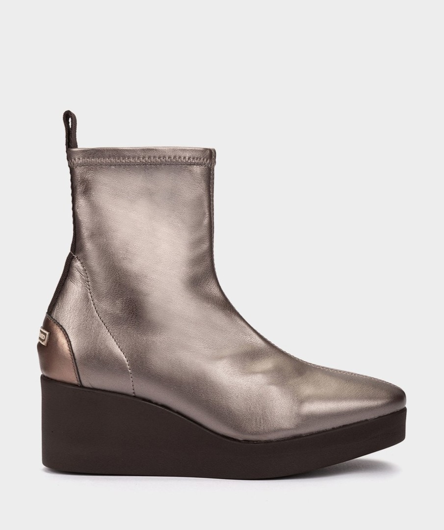 Shoe Pedro Miralles Ankle Boots | Metallic Smoke Stretch Vegan Leather Platform Wedge Ankle Boots Supreme Strech Humo