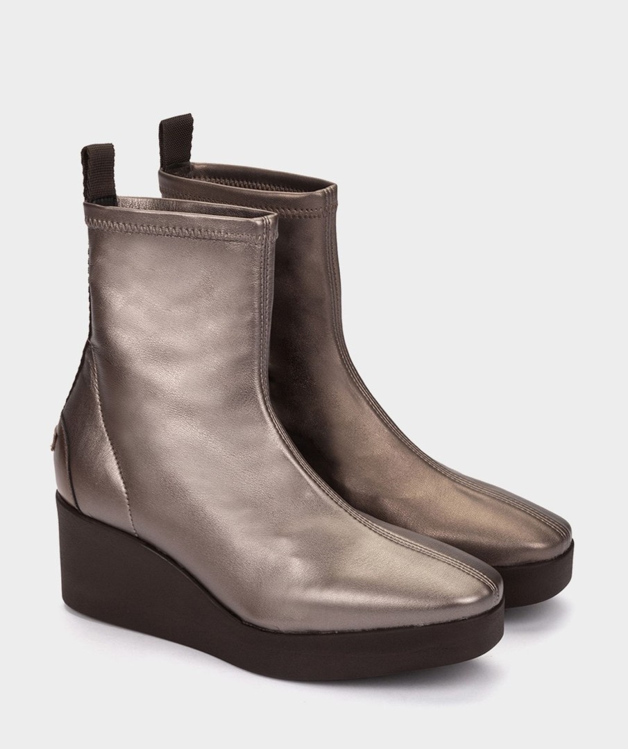 Shoe Pedro Miralles Ankle Boots | Metallic Smoke Stretch Vegan Leather Platform Wedge Ankle Boots Supreme Strech Humo