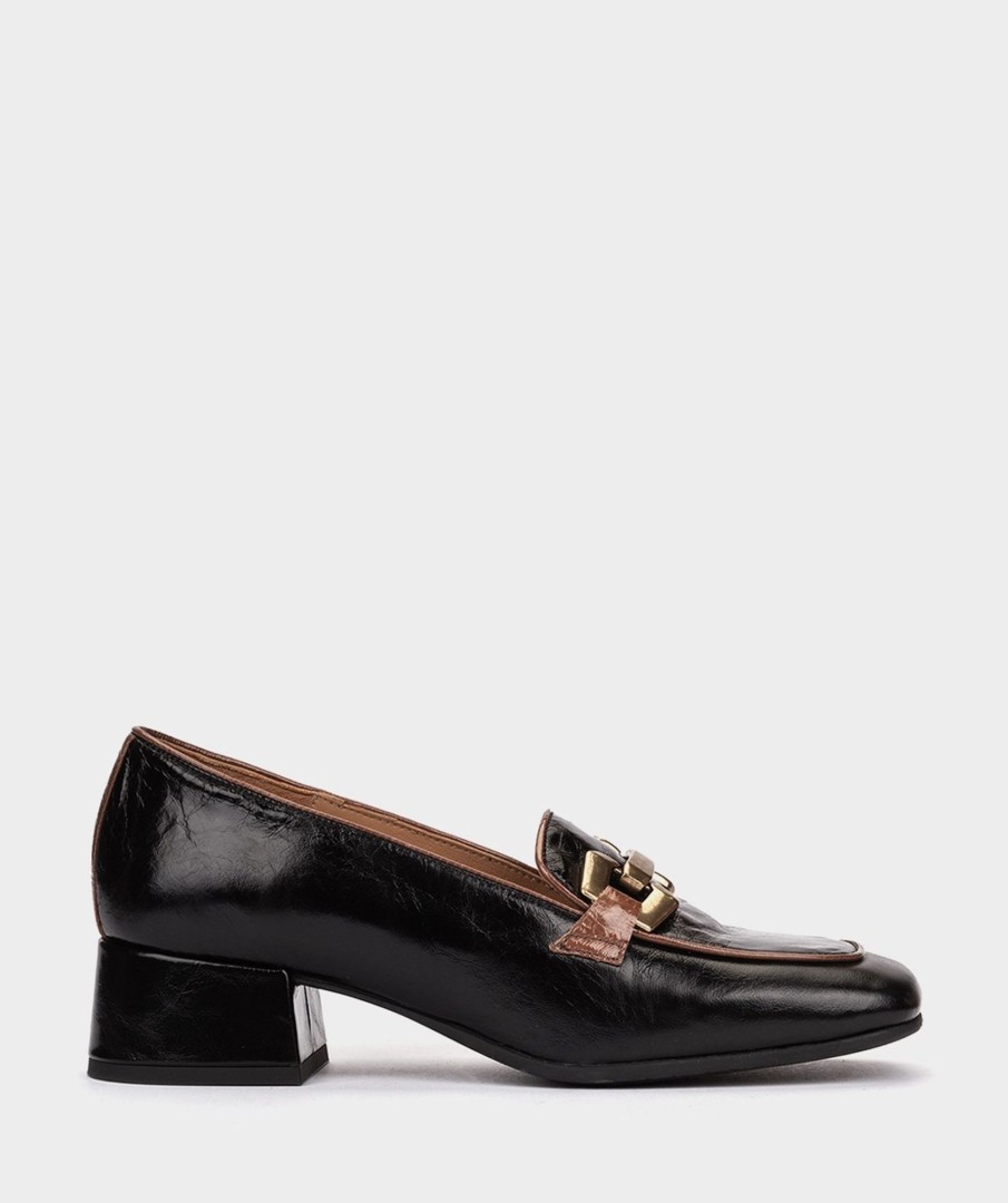 Shoe Pedro Miralles Pumps | Black Patent Leather Loafers With Gold Trim Venice Negro