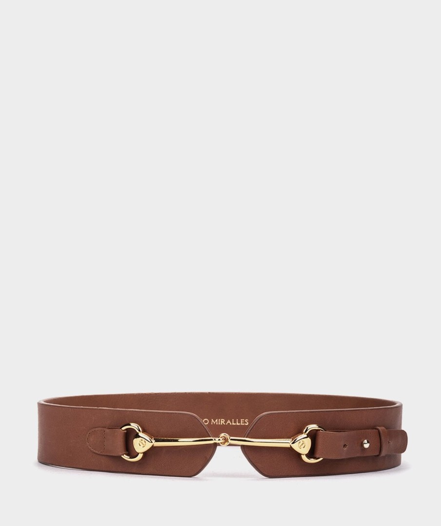 Accessories Pedro Miralles Gifts | Brown Leather Belt With Golden Buckles Cintu Marron