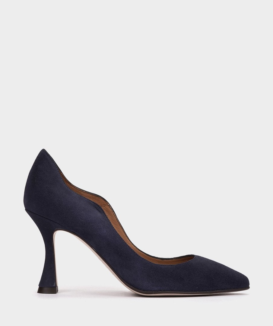 Shoe Pedro Miralles Pumps | Heeled Shoes With A Fine Pointed Toe, Made In Navy Blue Suede. Amalfi Navy