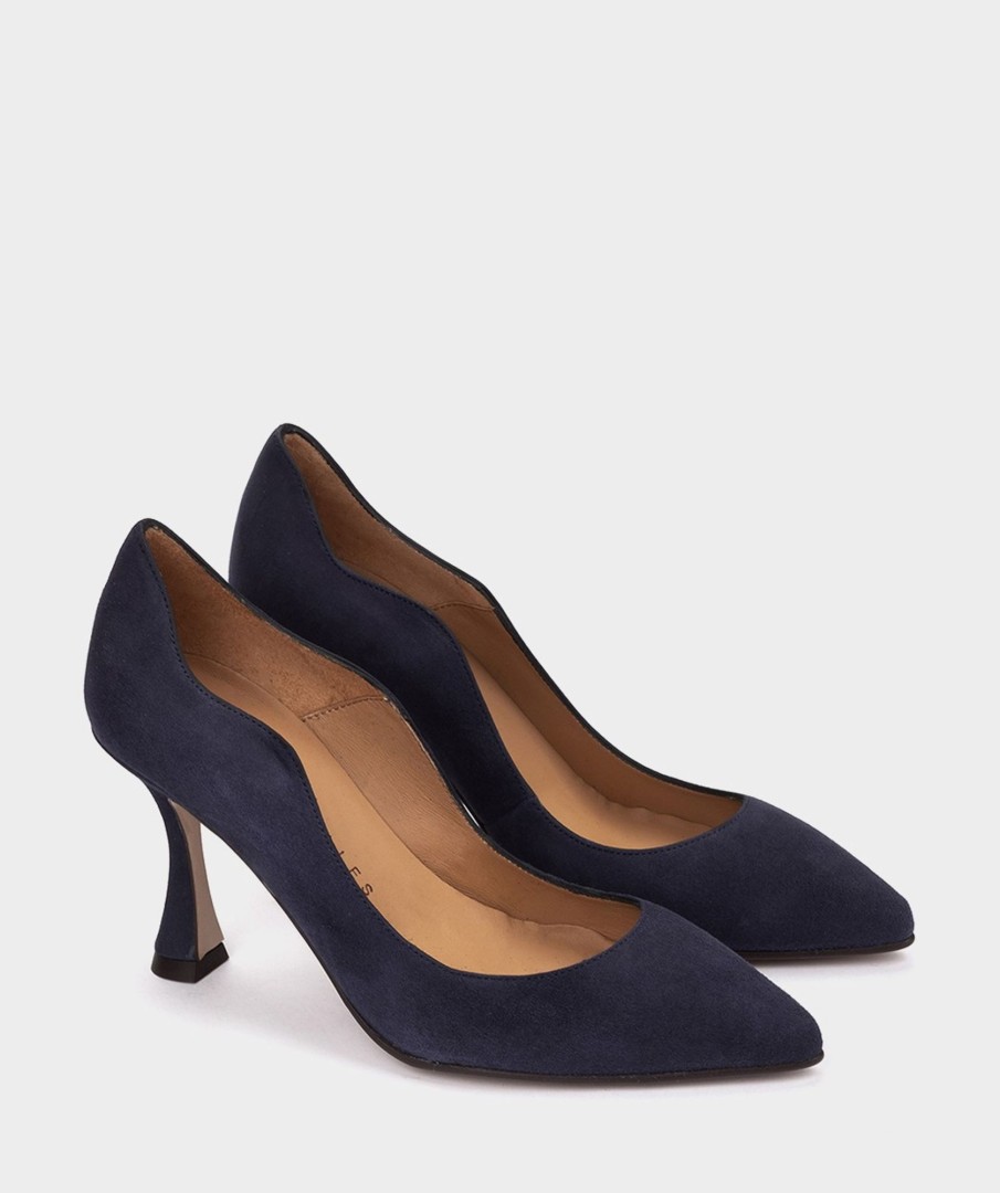 Shoe Pedro Miralles Pumps | Heeled Shoes With A Fine Pointed Toe, Made In Navy Blue Suede. Amalfi Navy