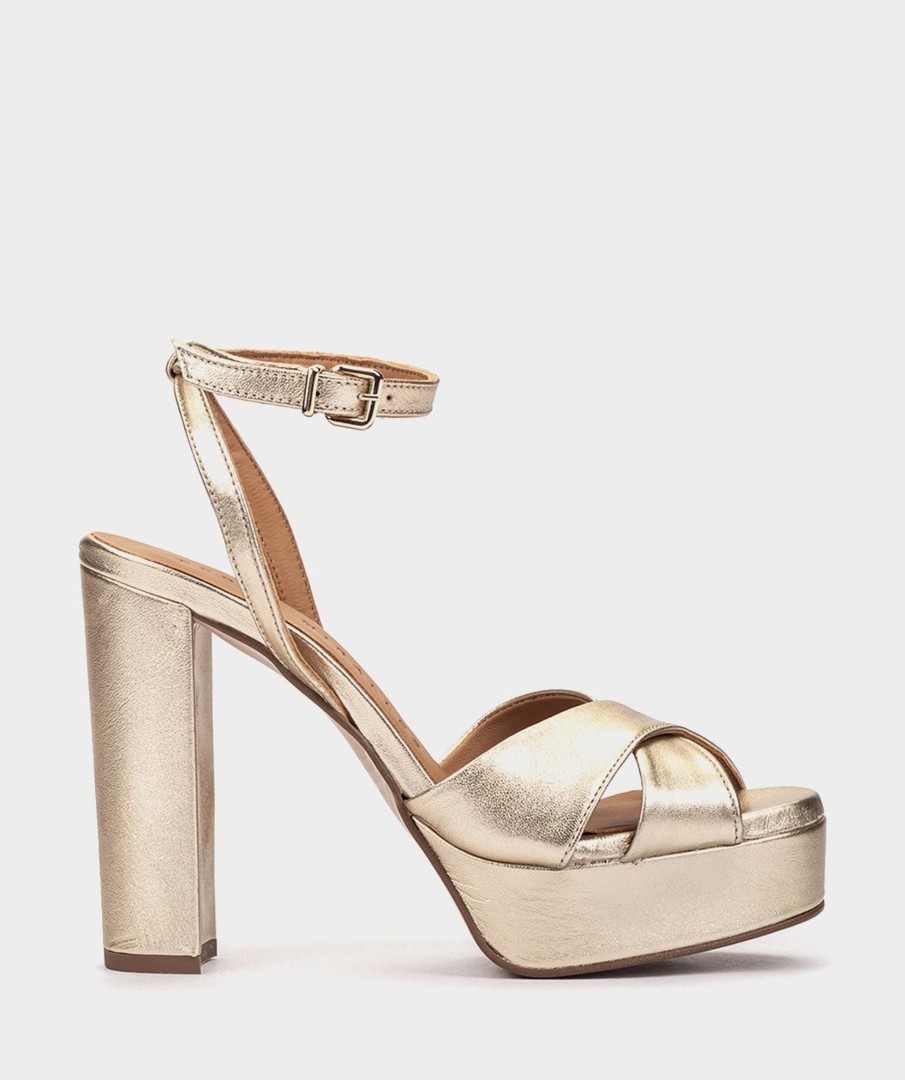 Shoe Pedro Miralles Heeled Sandals | Metallic Leather Platform Heeled Sandals Napa Metal Platino