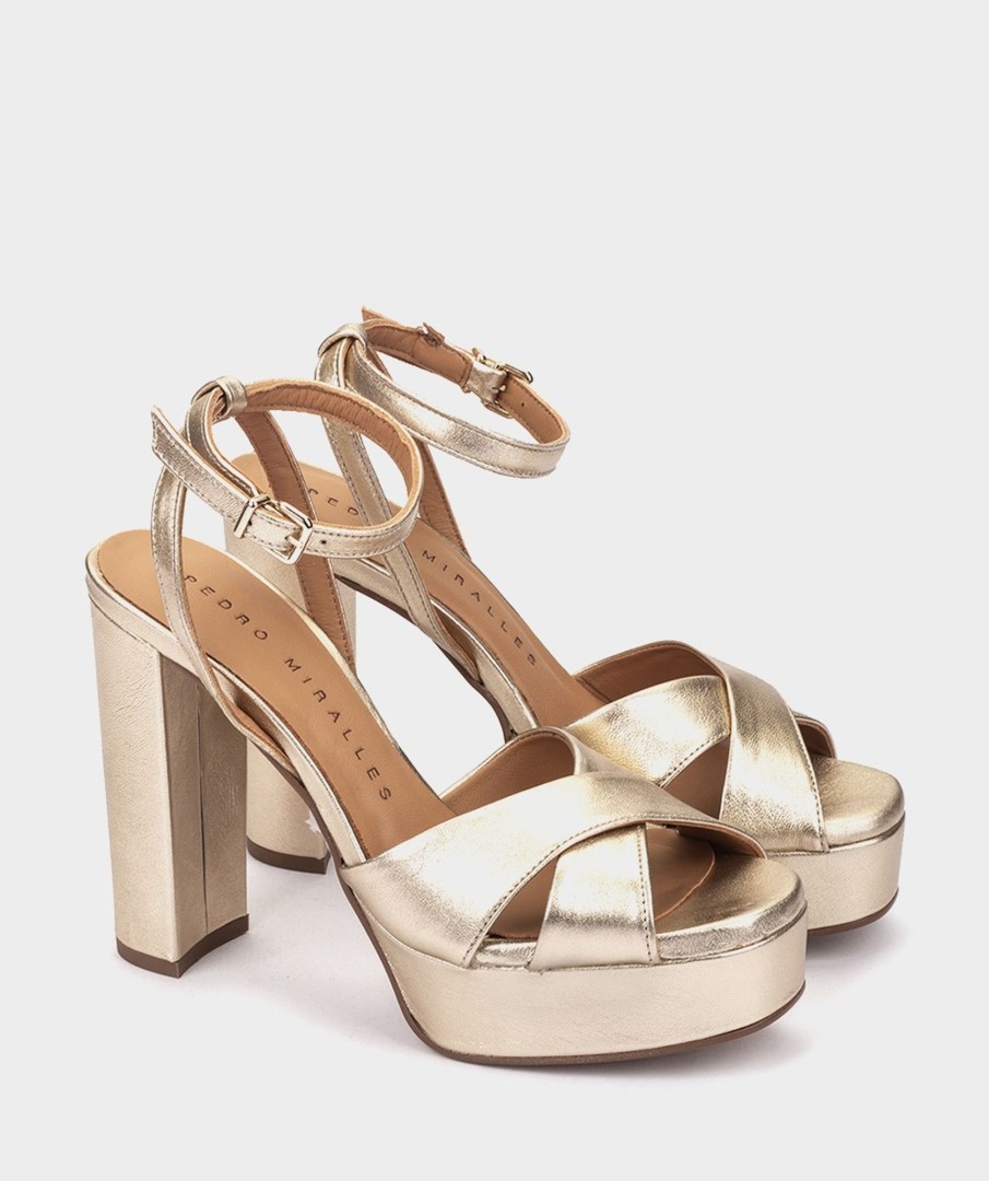 Shoe Pedro Miralles Heeled Sandals | Metallic Leather Platform Heeled Sandals Napa Metal Platino