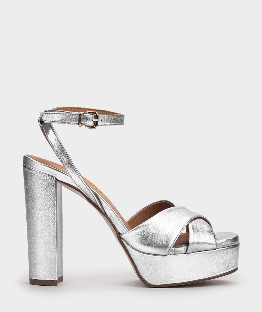 Shoe Pedro Miralles Heeled Sandals | Metallic Leather Platform Heeled Sandals Napa Metal Plata