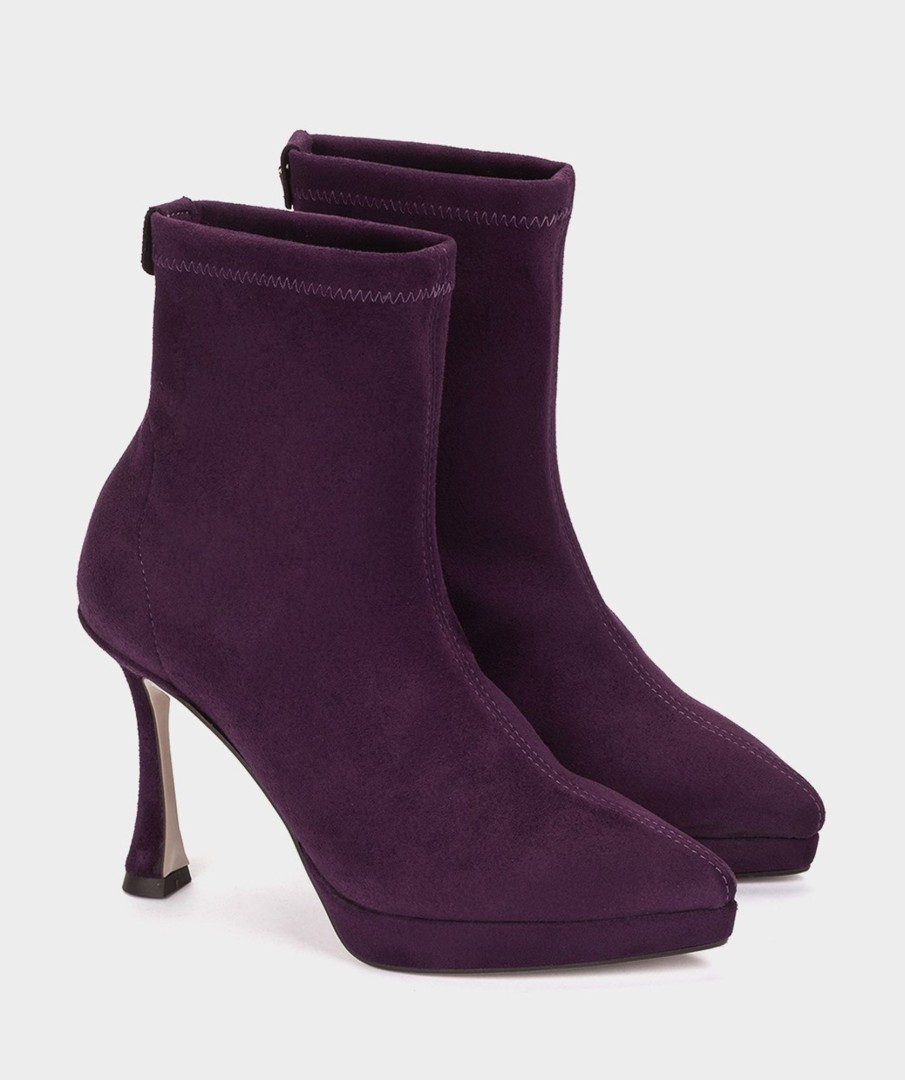 Shoe Pedro Miralles Ankle Boots | Heeled Ankle Boots Made In Purple Suede Effect Stretch Fabric Ante Strech Prugna