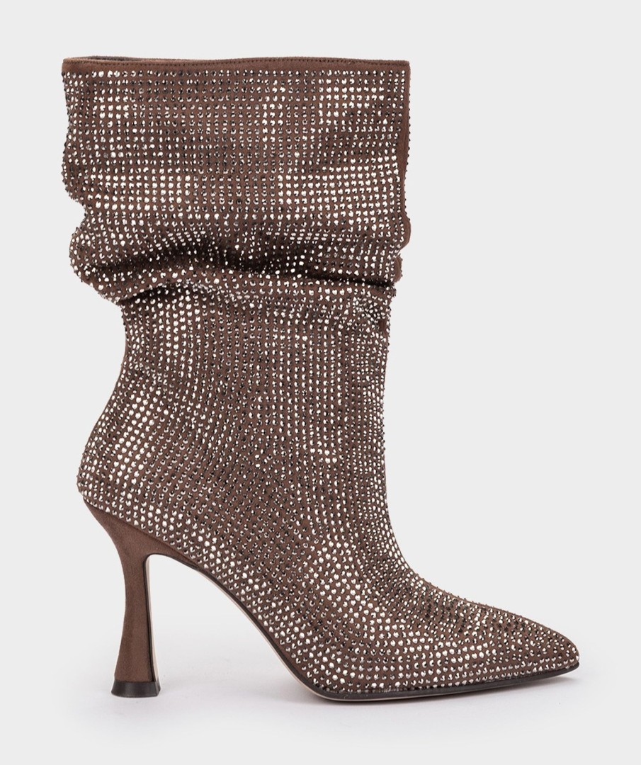 Shoe Pedro Miralles Boots | Mid-Calf Boots With Rhinestones Ante Strech Taupe