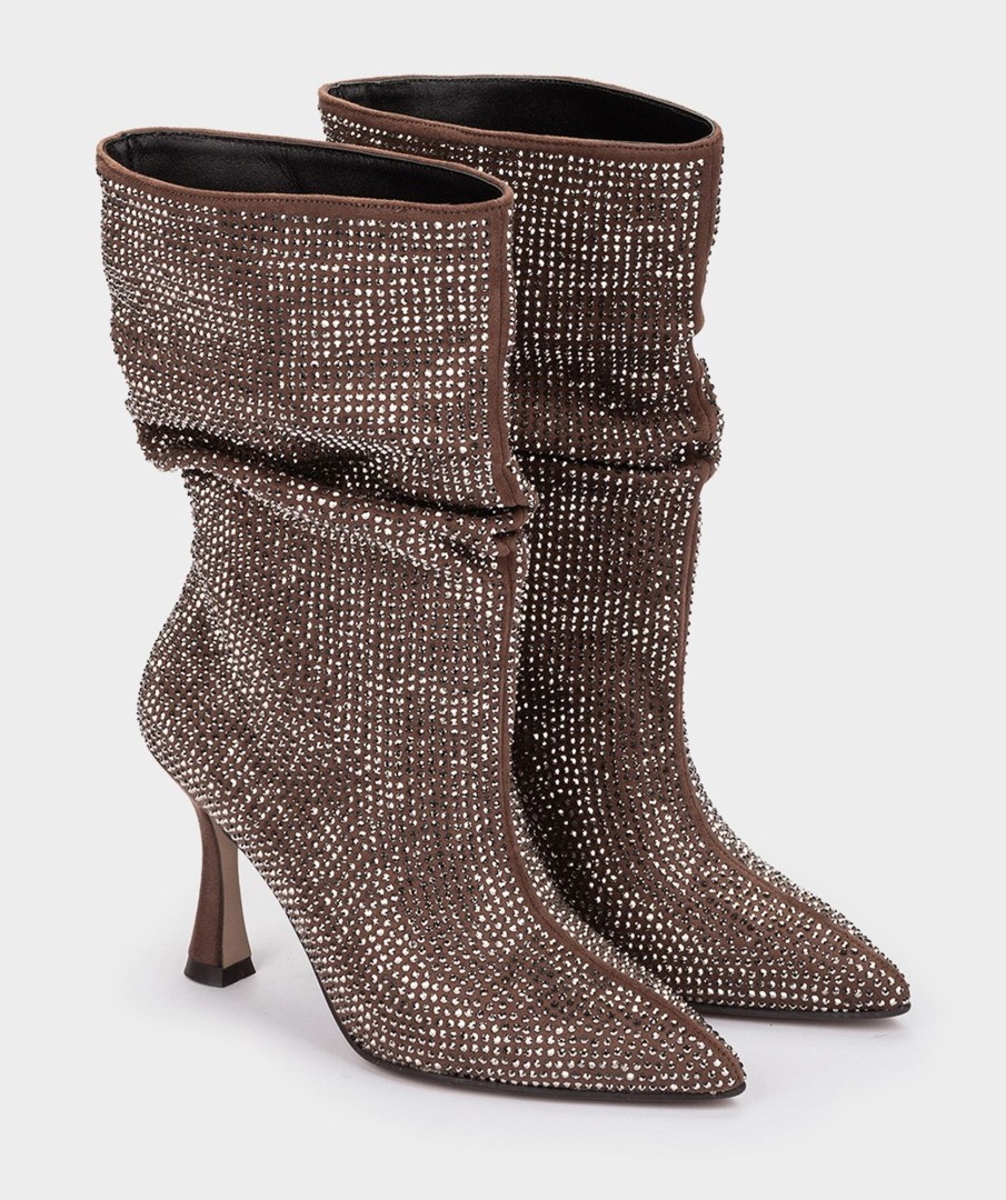 Shoe Pedro Miralles Boots | Mid-Calf Boots With Rhinestones Ante Strech Taupe