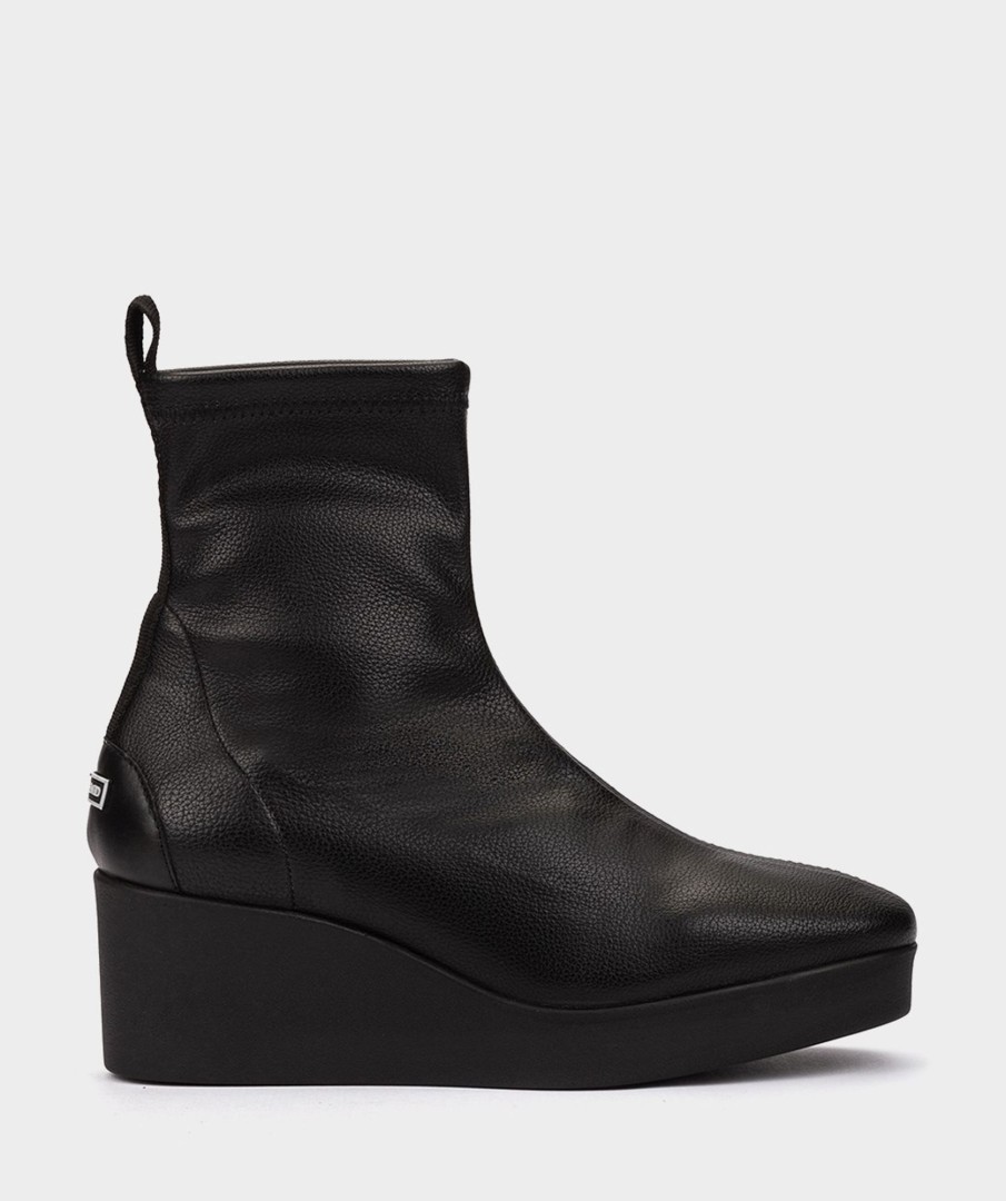 Shoe Pedro Miralles Ankle Boots | Black Elastic Vegan Leather Platform Wedge Ankle Boots Onix Negro