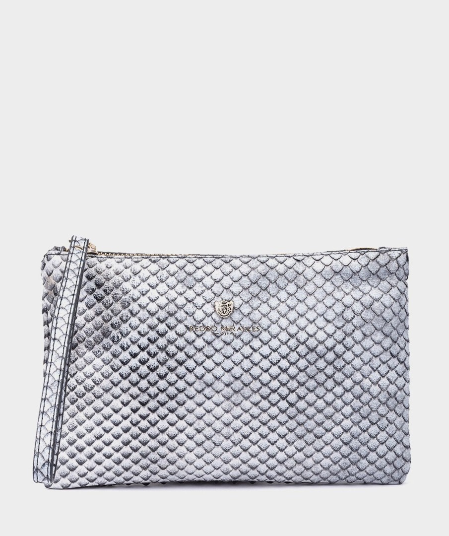 Accessories Pedro Miralles Evening Bags | Engraved Leather Party Bag Type Envelope With Chain Lily Cobra Blue