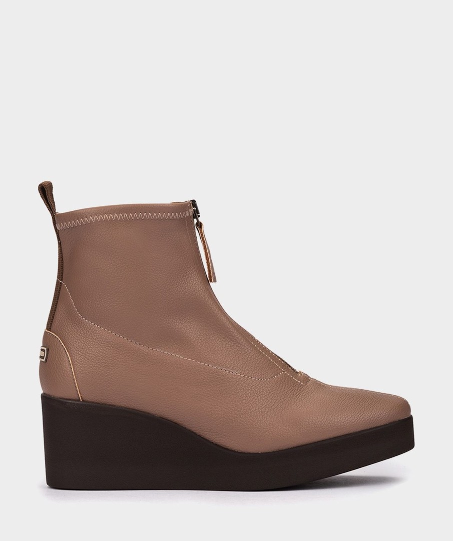 Shoe Pedro Miralles Ankle Boots | Wedge Ankle Boots With Elasticated Vegan Leather Platform In Taupe Colour Onix Taupe