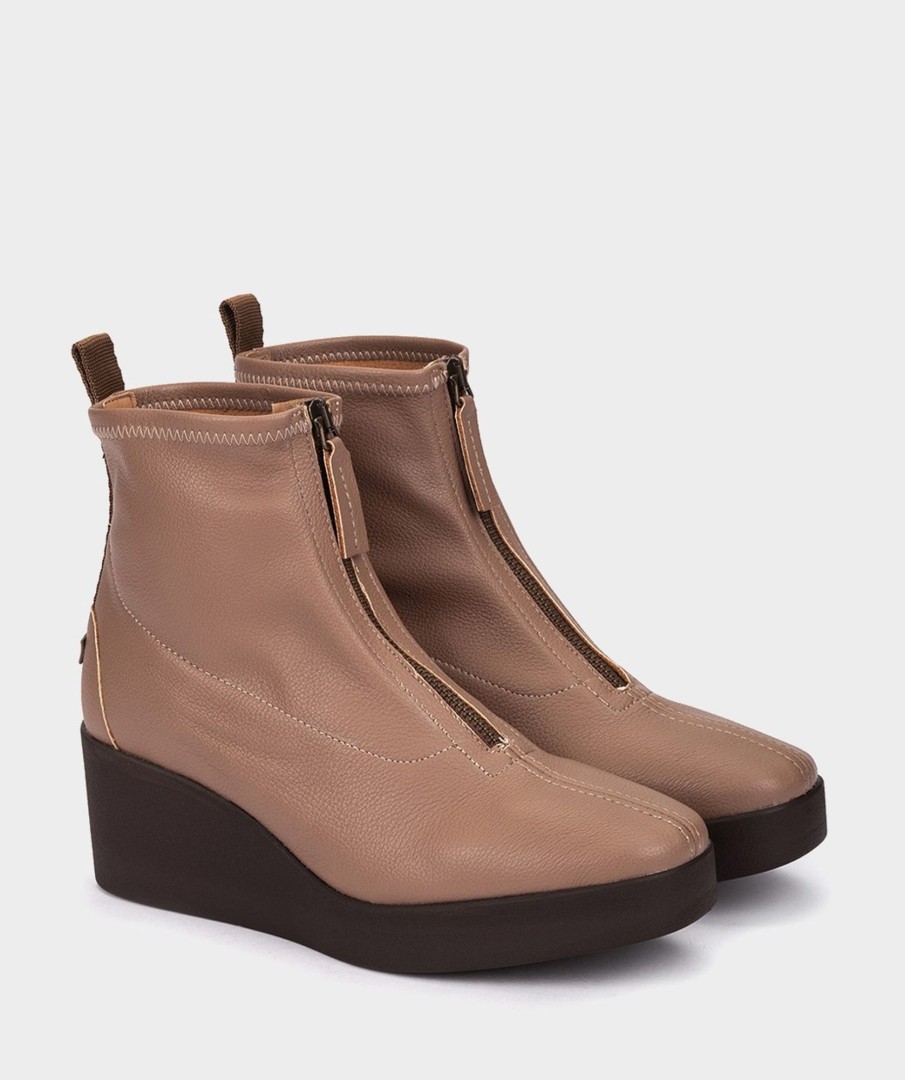 Shoe Pedro Miralles Ankle Boots | Wedge Ankle Boots With Elasticated Vegan Leather Platform In Taupe Colour Onix Taupe