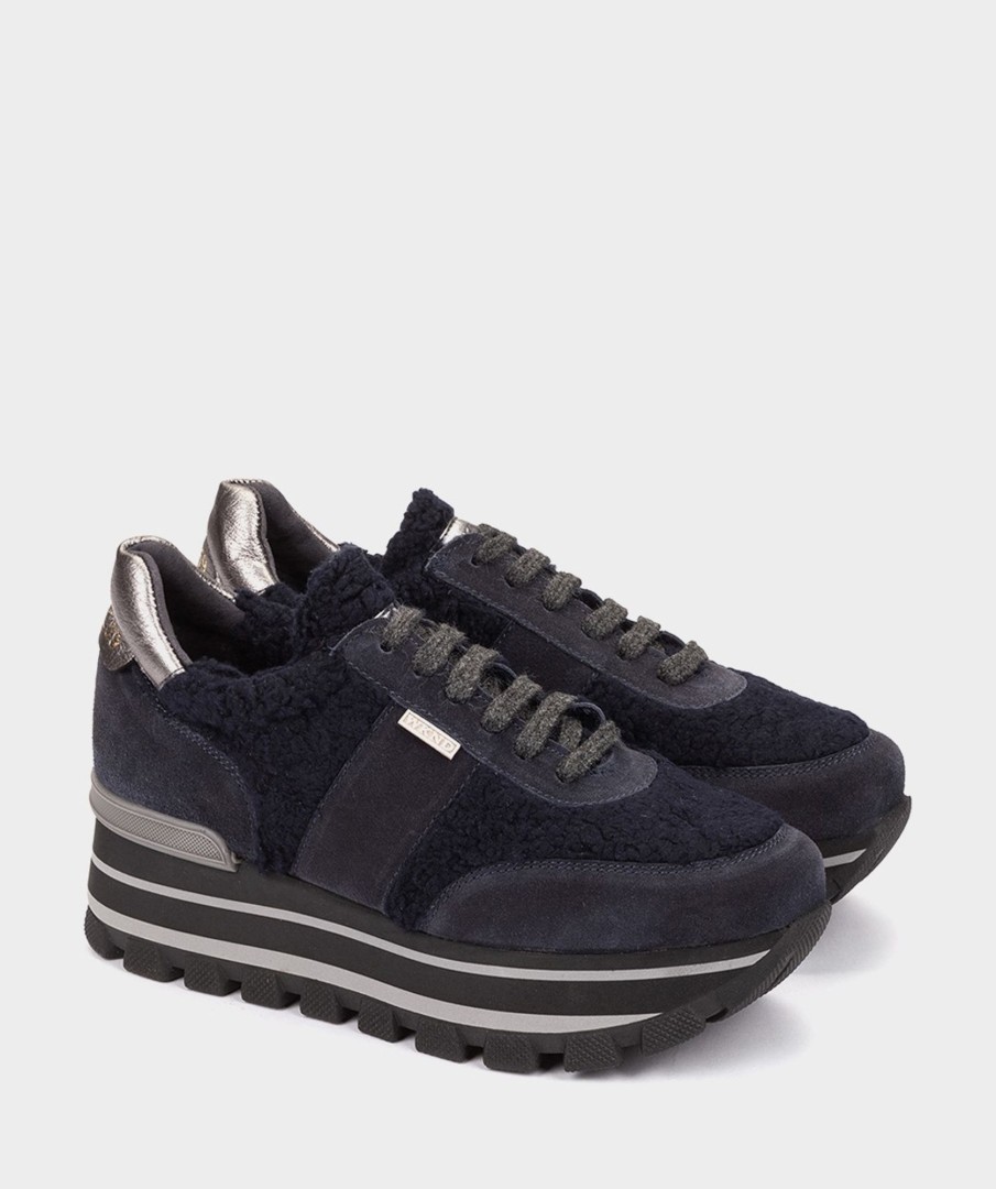 Shoe Pedro Miralles Sneakers | Split Leather And Sheepskin Trainers Velour Navy