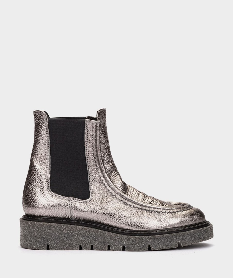 Shoe Pedro Miralles Ankle Boots | Leather Ankle Boots With Silver Elasticated Sides Nucleo Metal Peltro