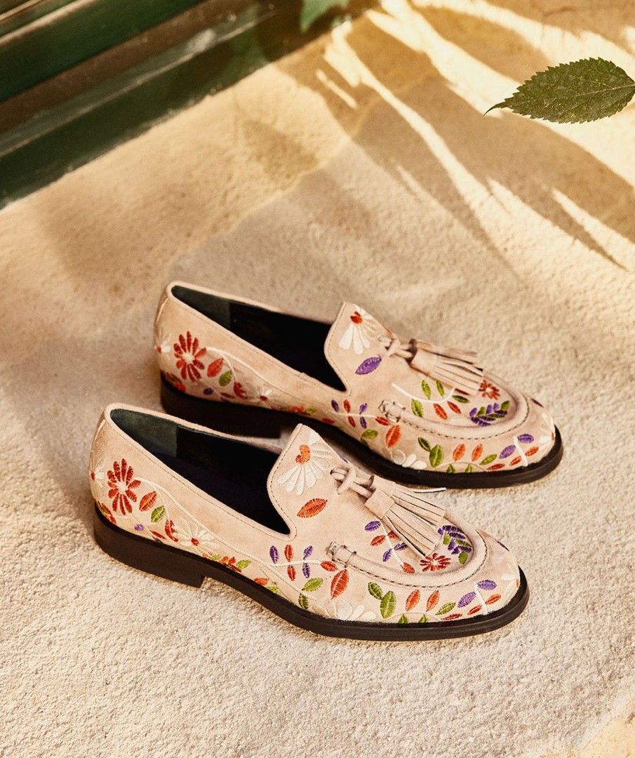 Shoe Pedro Miralles Flat Shoes | Beige Embroidered Fabric Moccasins Amalfi Sabbia