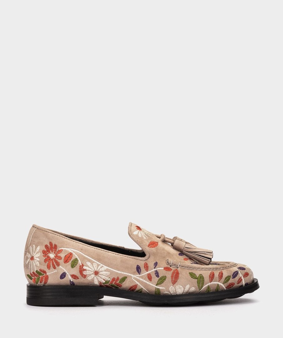 Shoe Pedro Miralles Flat Shoes | Beige Embroidered Fabric Moccasins Amalfi Sabbia