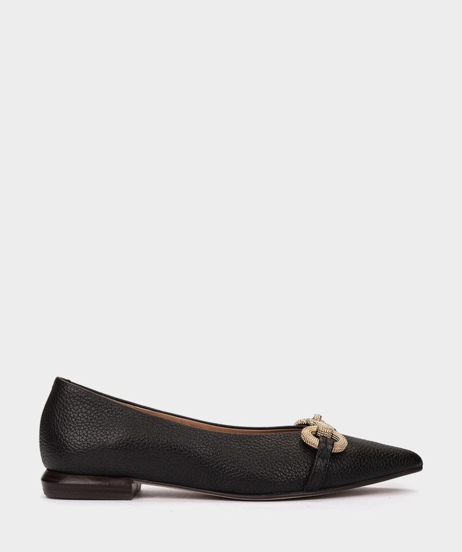 Shoe Pedro Miralles Ballet Flats | Black Leather Ballerina Pumps With Gold Embellishment Nucleo Negro