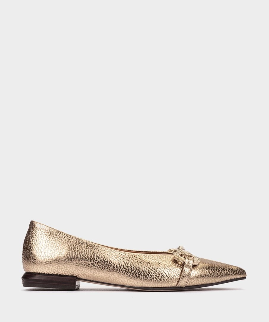 Shoe Pedro Miralles Ballet Flats | Platinum Leather Ballerina Pumps With Gold Embellishment Nucleo Metal Platino