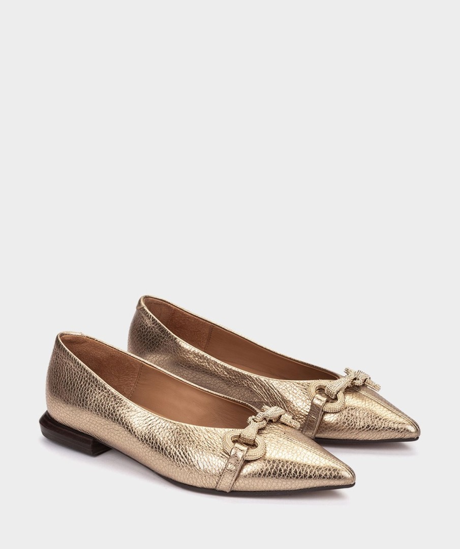 Shoe Pedro Miralles Ballet Flats | Platinum Leather Ballerina Pumps With Gold Embellishment Nucleo Metal Platino