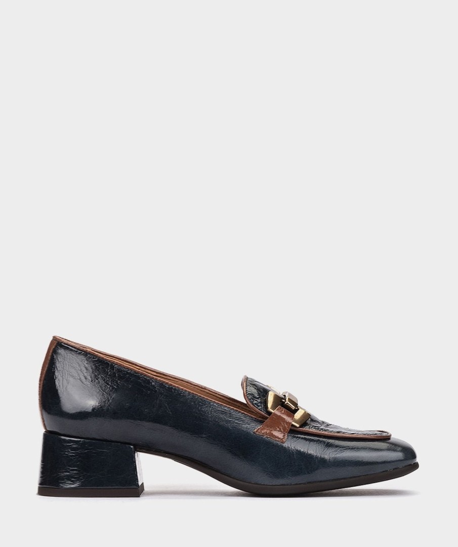 Shoe Pedro Miralles Pumps | Patent Leather Loafers In Navy Blue With Gold Trim Venice Petroleo Venice Polisandro