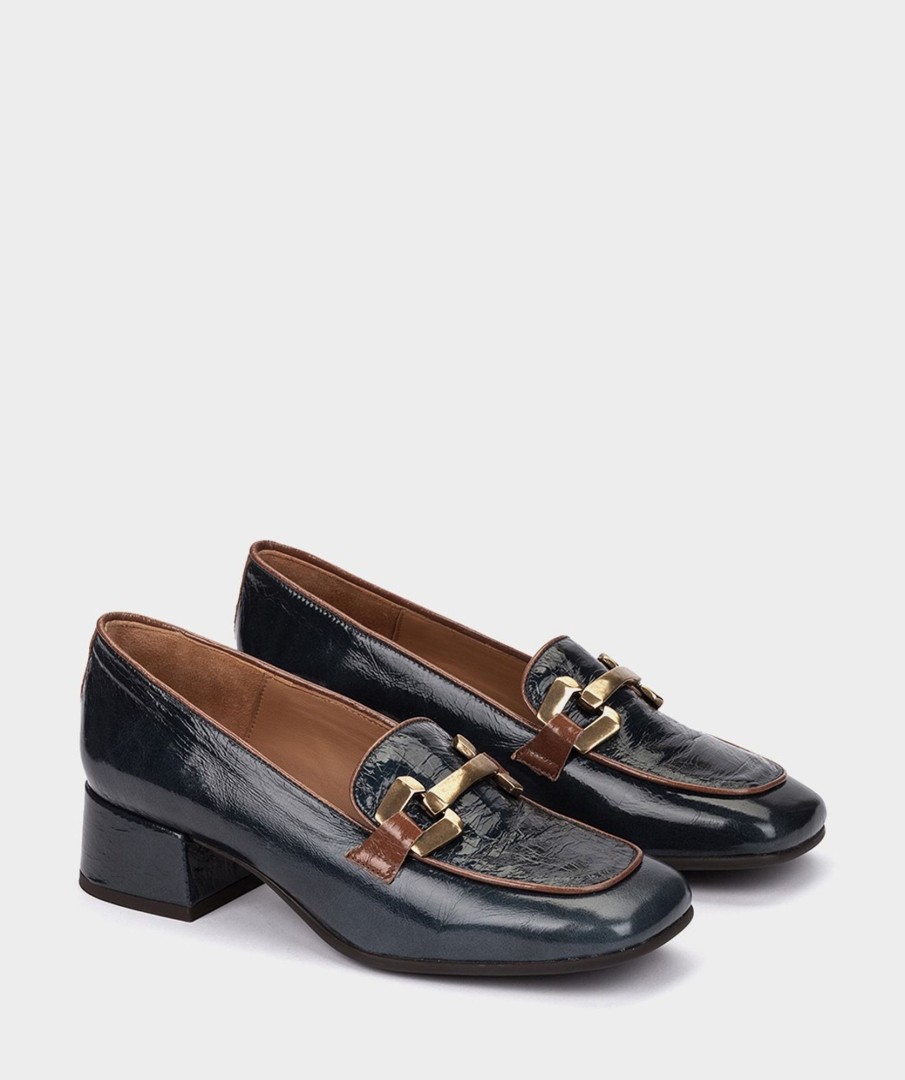 Shoe Pedro Miralles Pumps | Patent Leather Loafers In Navy Blue With Gold Trim Venice Petroleo Venice Polisandro