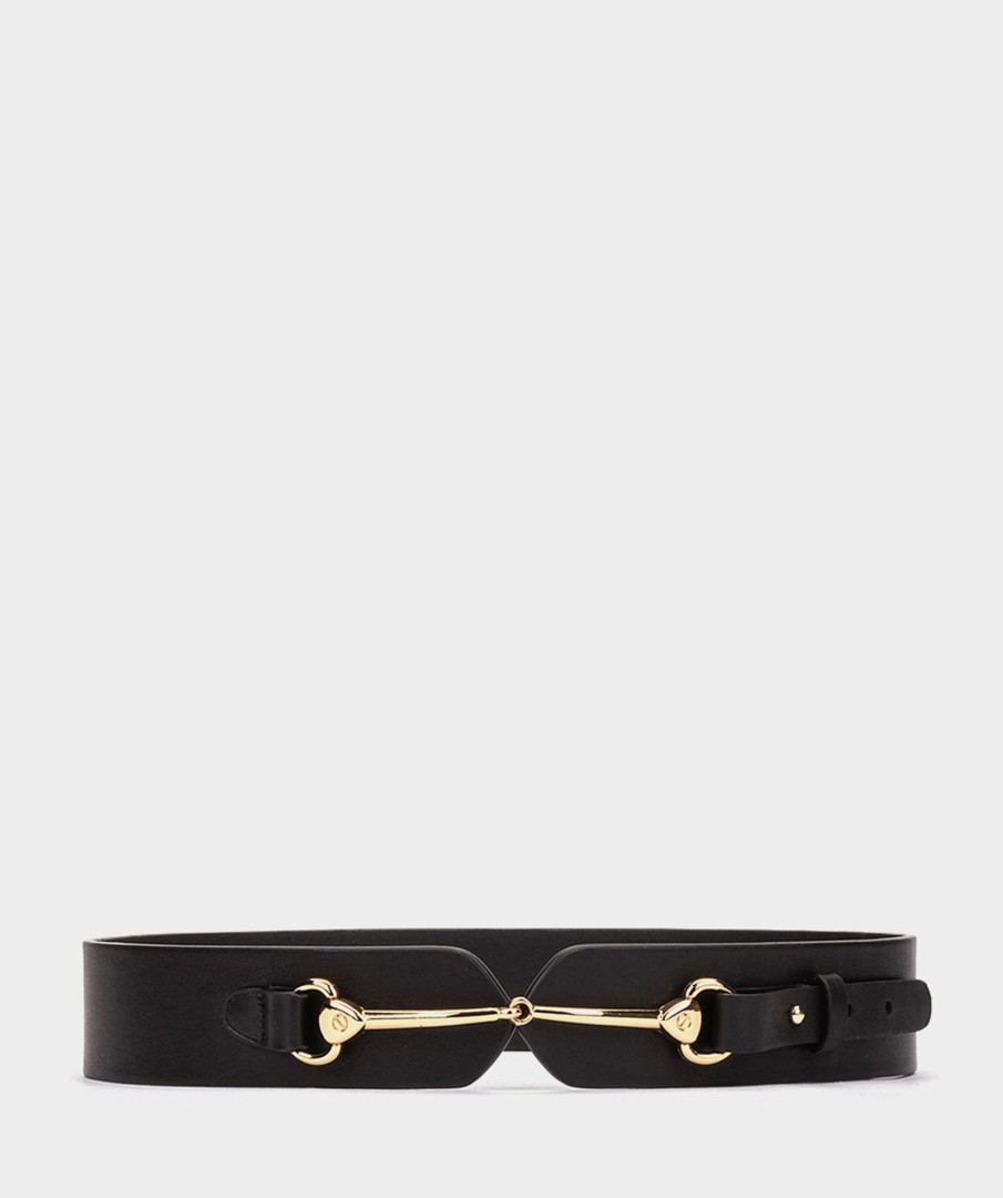 Accessories Pedro Miralles Gifts | Black Leather Belt With Golden Buckles Cintu Negro