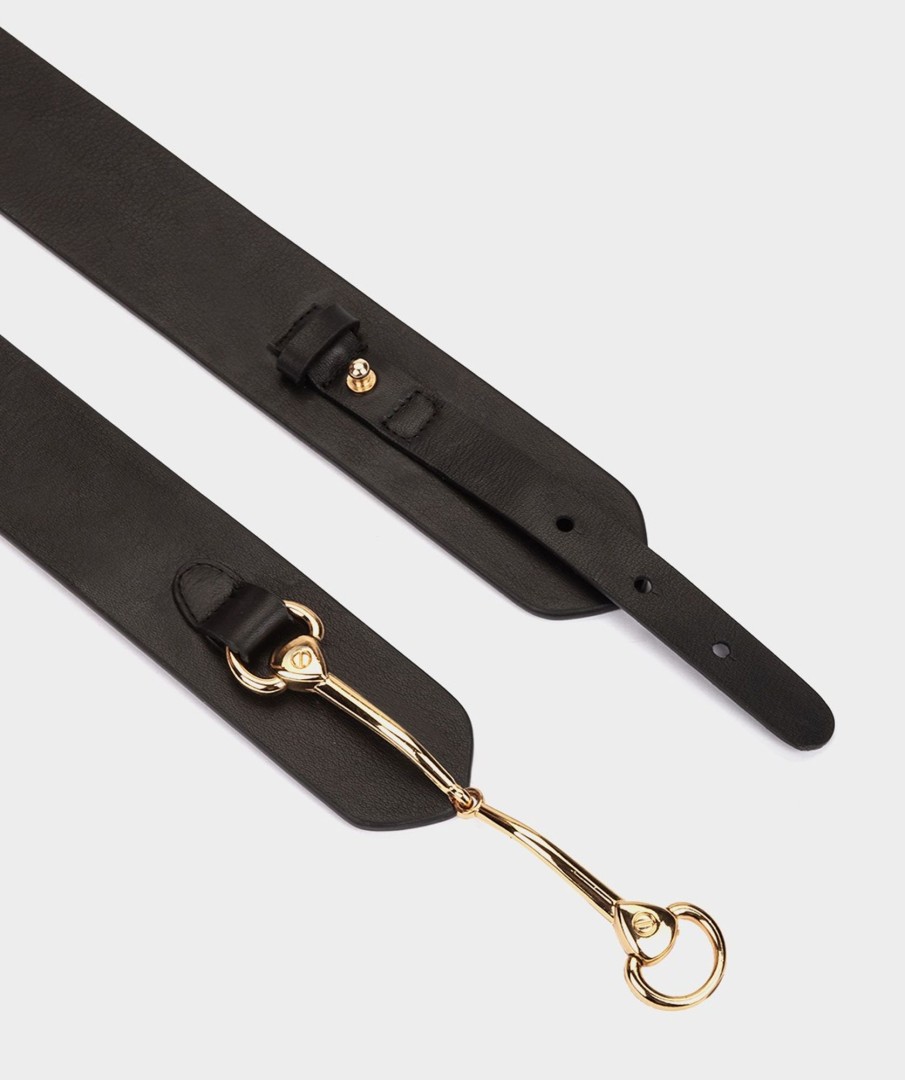 Accessories Pedro Miralles Gifts | Black Leather Belt With Golden Buckles Cintu Negro