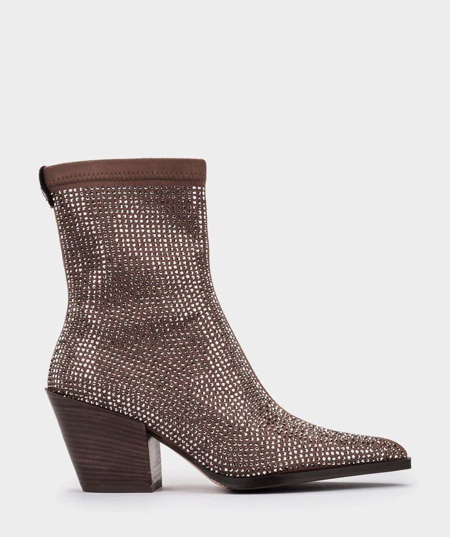 Shoe Pedro Miralles Ankle Boots | Brown Fabric Ankle Boots With Rhinestones Ante Strech Taupe