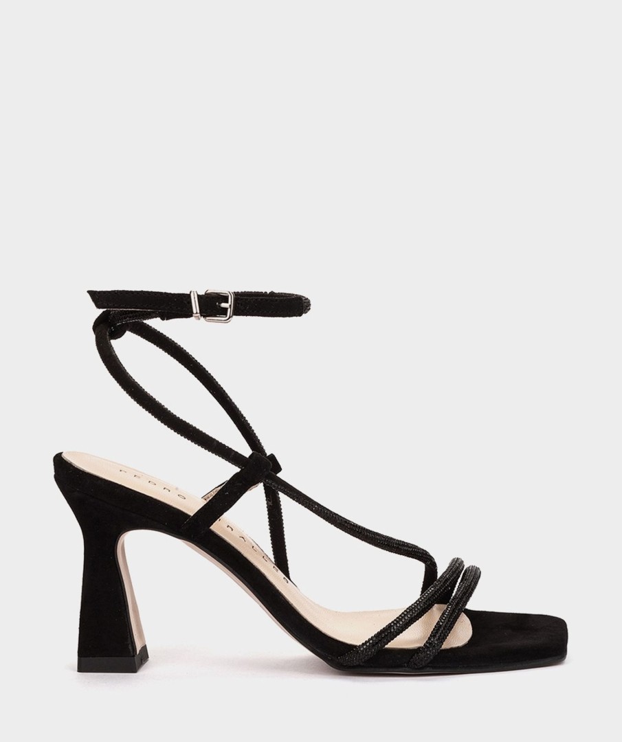 Shoe Pedro Miralles Heeled Sandals | Black Leather Heeled Sandals With Crystal Embellishments Gliter Negro