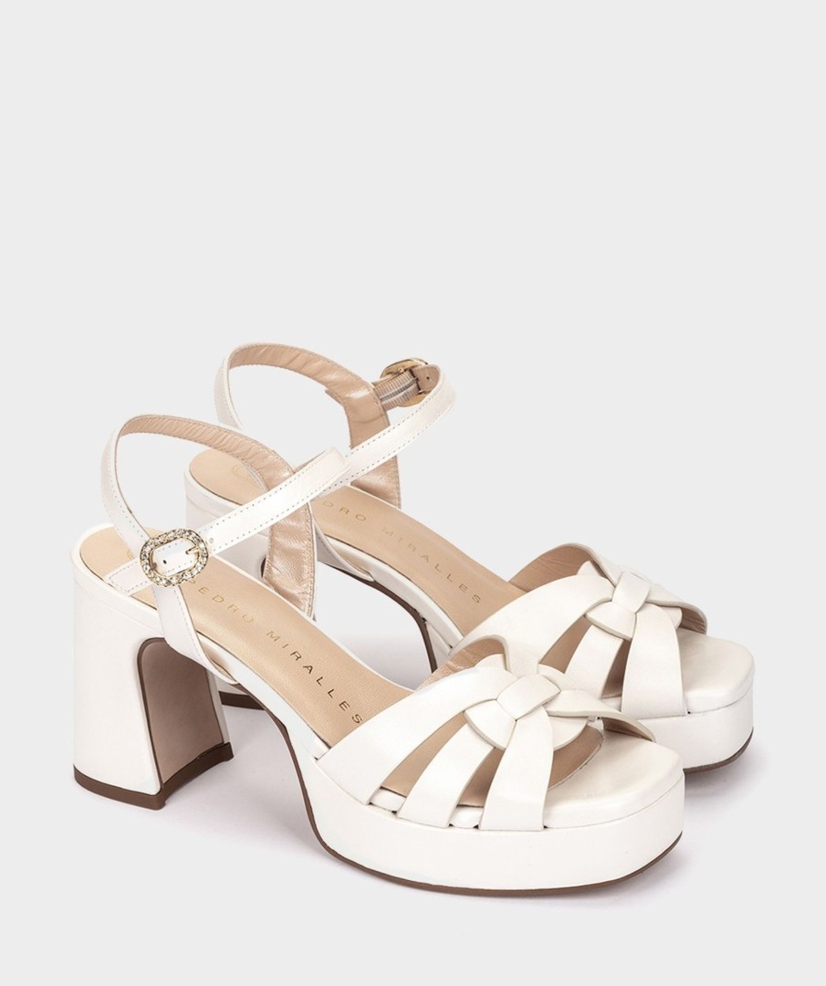 Shoe Pedro Miralles Heeled Sandals | Wide Heel Sandals With Platform Made In Leather Nacarado Perla