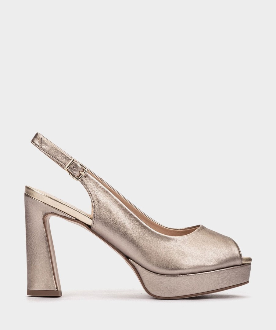 Shoe Pedro Miralles Heeled Sandals | Metallic Leather Peep Toes Napa Metal Humo