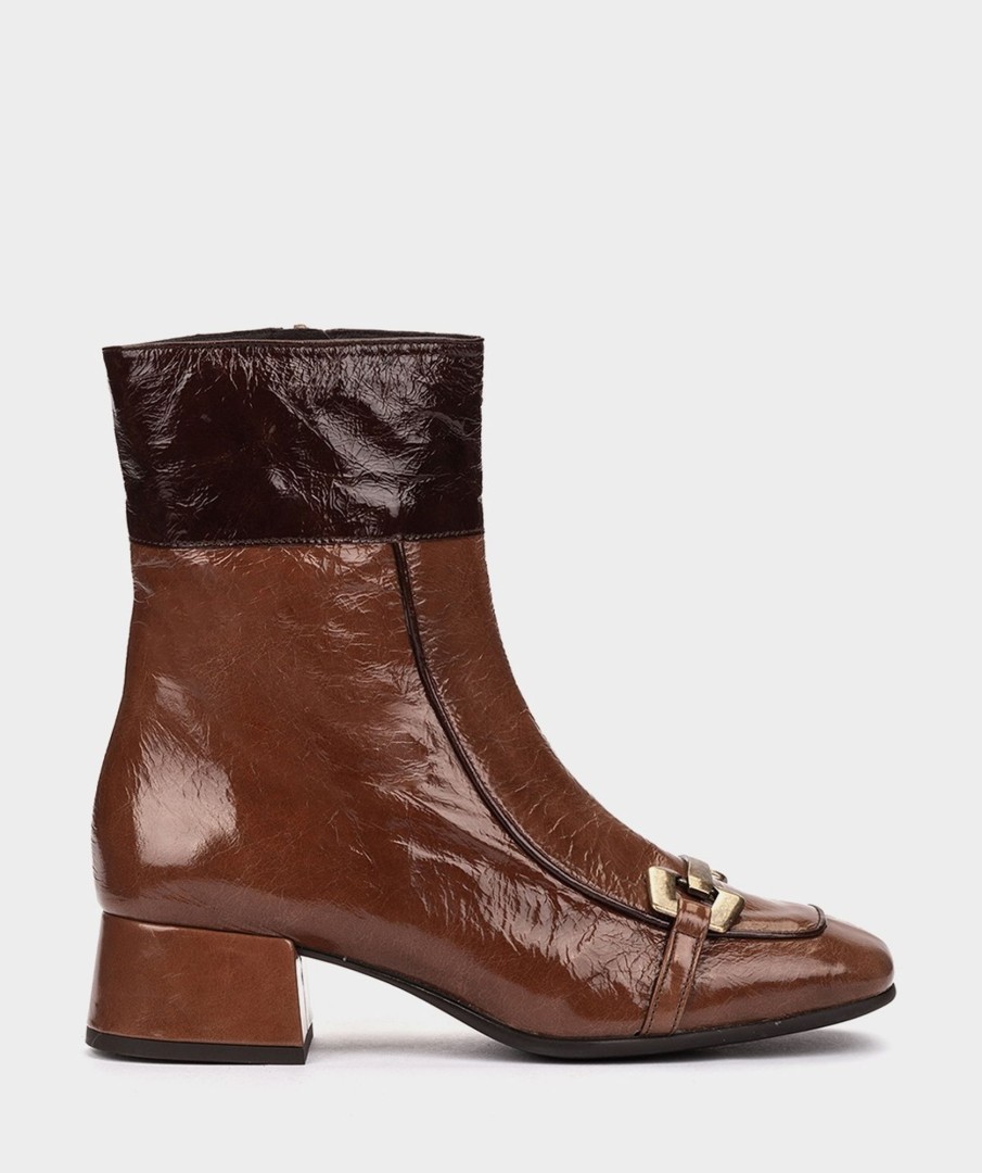 Shoe Pedro Miralles Ankle Boots | Patent Leather Ankle Boots In Leather Colour With Contrasting Piping Venice Polisandro