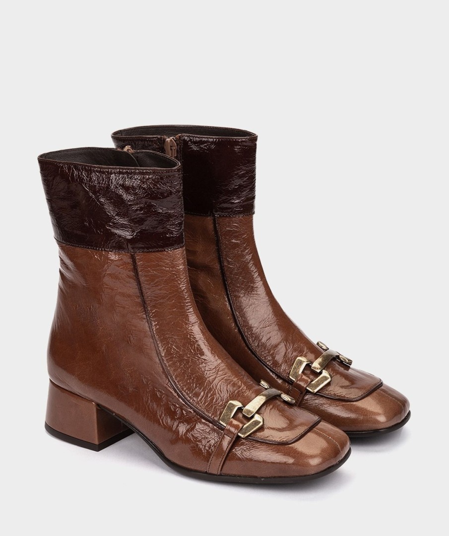 Shoe Pedro Miralles Ankle Boots | Patent Leather Ankle Boots In Leather Colour With Contrasting Piping Venice Polisandro