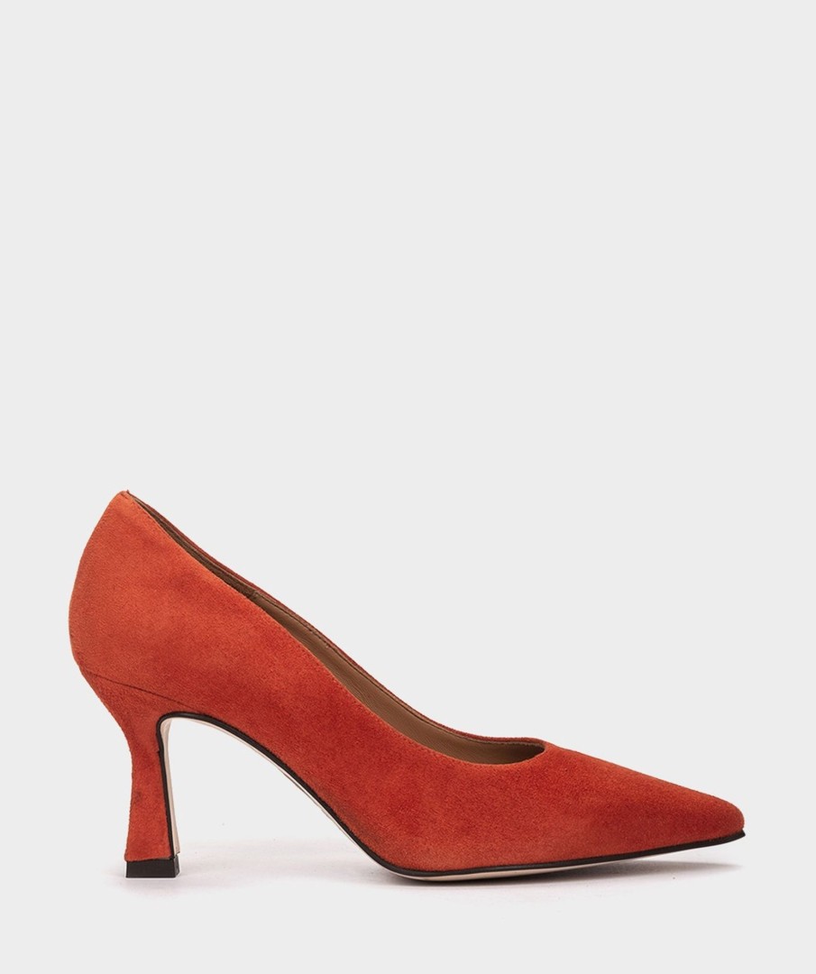 Shoe Pedro Miralles Pumps | Heeled Shoes With A Fine Pointed Toe, Made Of Orange Suede Amalfi Bright