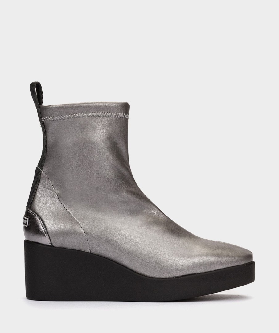 Shoe Pedro Miralles Ankle Boots | Metallic Smoke Stretch Vegan Leather Platform Wedge Ankle Boots Supreme Strech Plomo