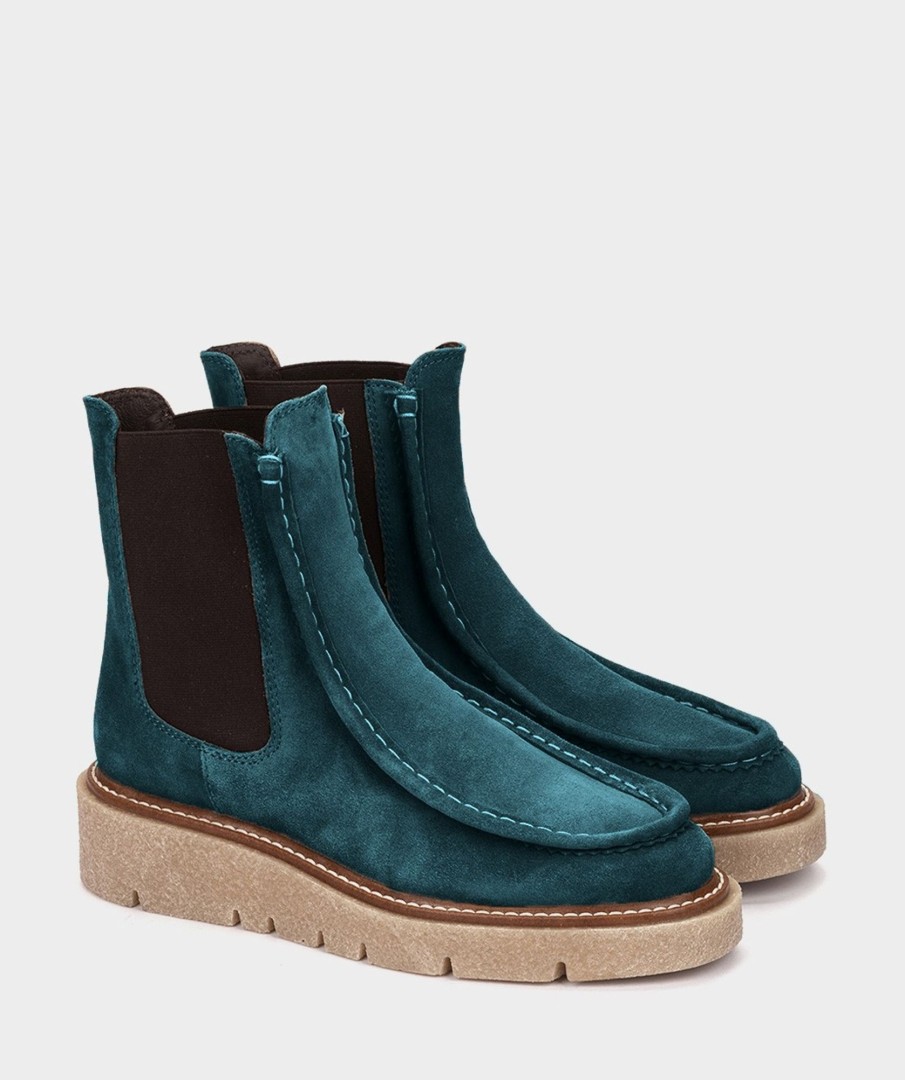 Shoe Pedro Miralles Ankle Boots | Suede Ankle Boots With Elastic Sides In Green Velour Petroleo